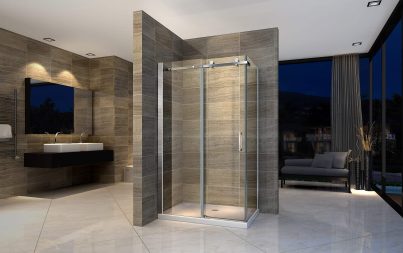 Cabine de douche chromé avec une porte coulissante et une porte fixe
